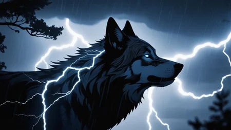 Gothic style yamer_lightning, glowing, lightning, ghost wolf, night, rain, (wolf made of electricity), wolf close up, outdoors, silhouette, electricity background, dark, horizon, night sky, science fiction, photography, tree, <lora:Lightning:1> . Dark, mysterious, haunting, dramatic, ornate, detailed
