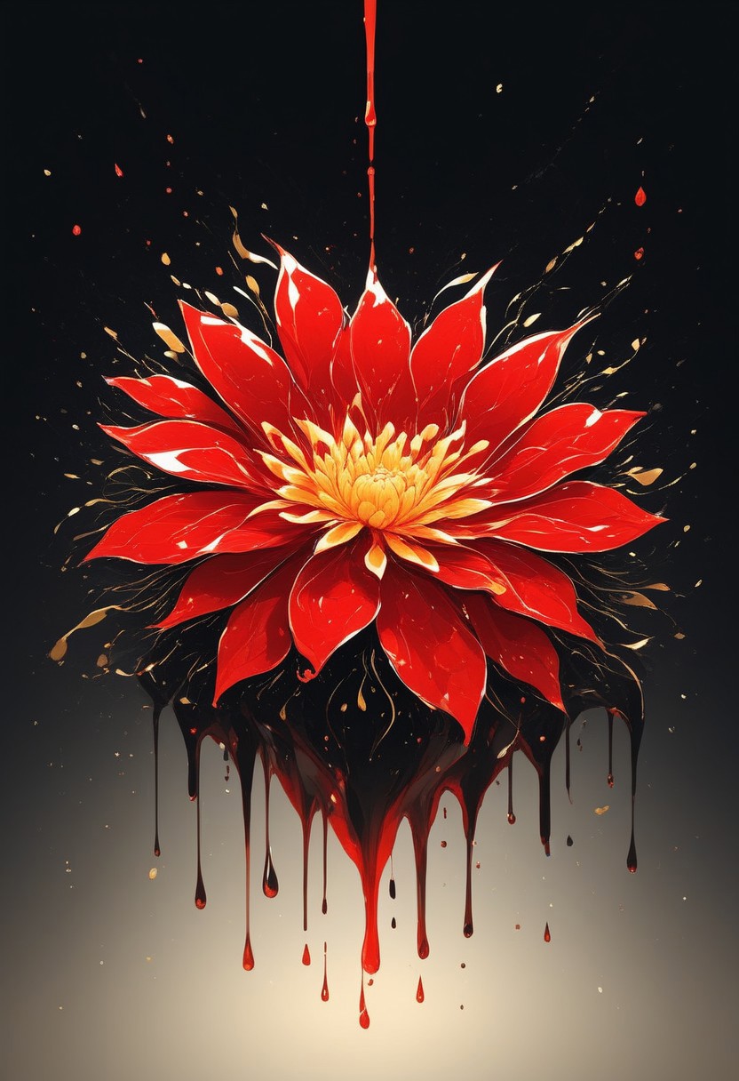 abstractzyrnox, abstract, abstract art, illustration, anime, black and gold, red and gold, ((red flower), simple background, dark background), melting, dripping