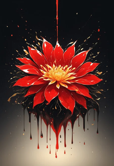 abstractzyrnox, abstract, abstract art, illustration, anime, black and gold, red and gold, ((red flower), simple background, dark background), melting, dripping