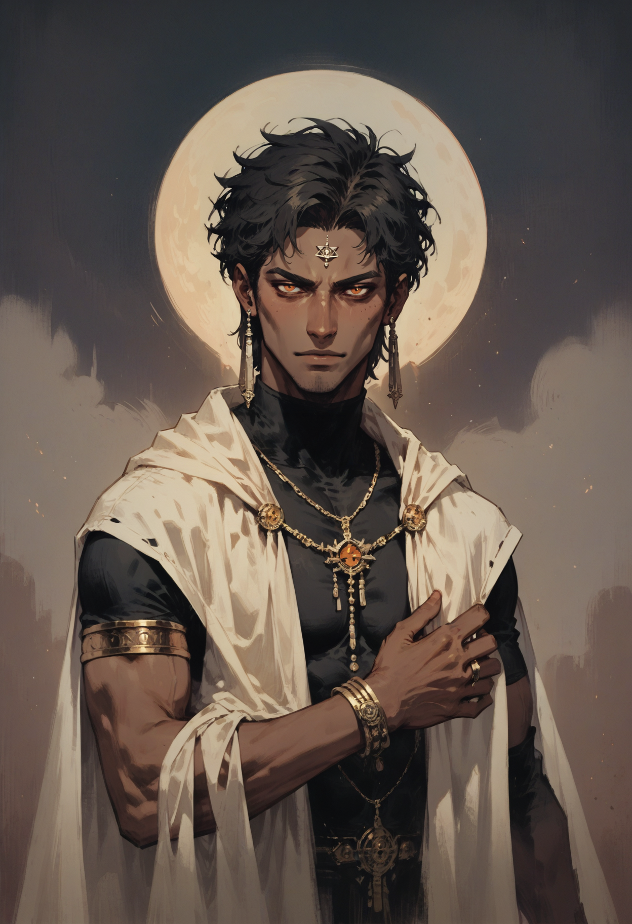 score_9, score_8_up, score_7_up score_9, score_8_up, score_7_up, score_6_up, score_5_up, score_4_up,
<lora:NeonFantasyNocturneV10:1> cult1st,
, short hair, black hair, 1boy, jewelry, upper body, male focus, earrings, solo focus, dark skin, bracelet, orange eyes, dark-skinned male, armlet, white cape