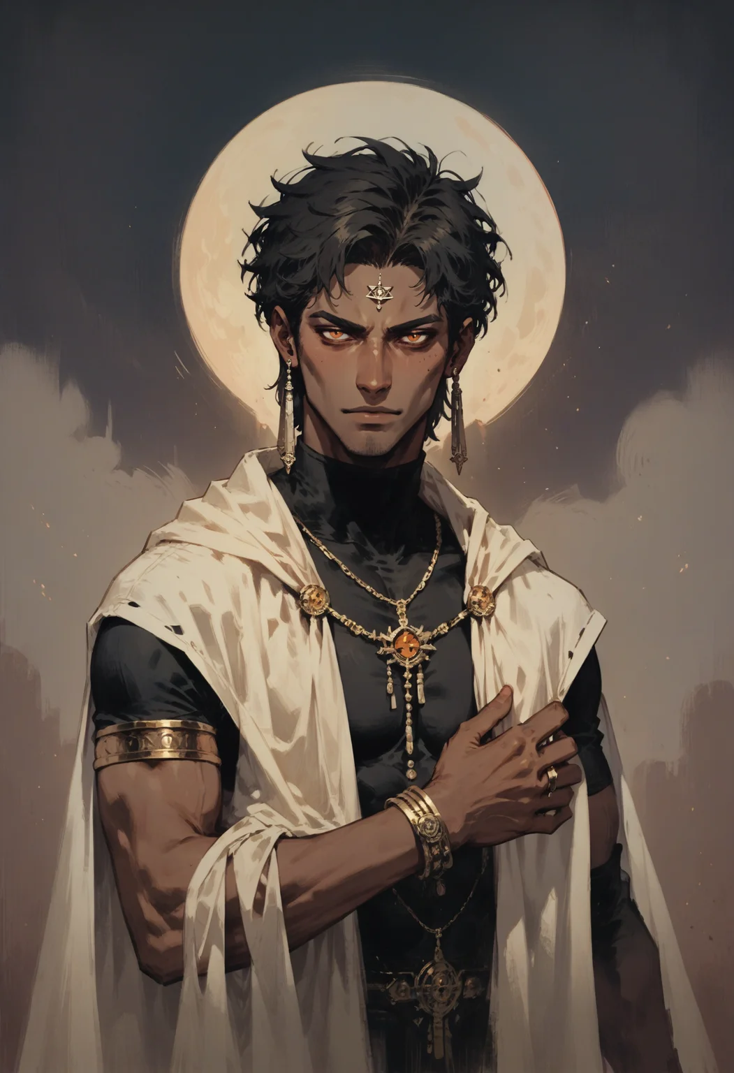 score_9, score_8_up, score_7_up score_9, score_8_up, score_7_up, score_6_up, score_5_up, score_4_up,
<lora:NeonFantasyNocturneV10:1> cult1st,
, short hair, black hair, 1boy, jewelry, upper body, male focus, earrings, solo focus, dark skin, bracelet, orange eyes, dark-skinned male, armlet, white cape