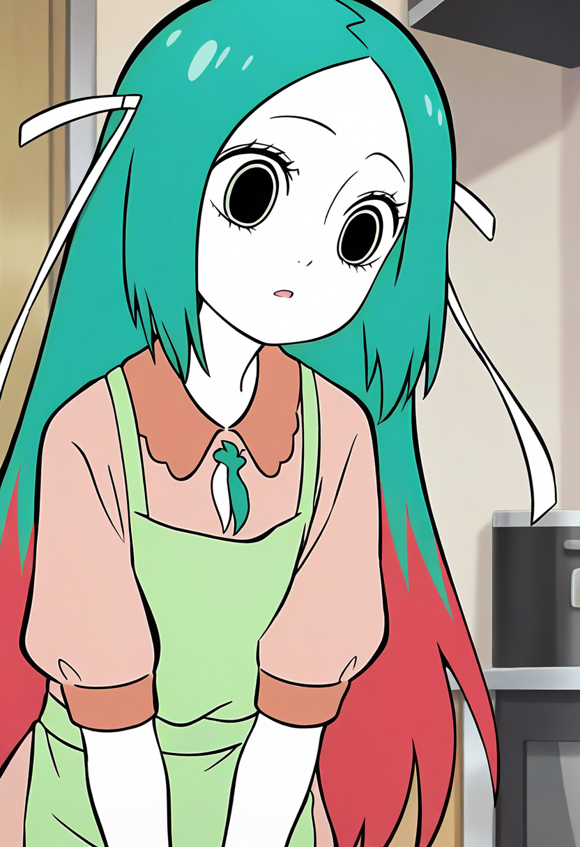 <lora:jingwei:1>,jingwei,1girl,solo,long hair,multicolored hair,red hair,green hair,hair ribbon,white ribbon,black_pulpil,white skin,
 green apron, shirt,, masterpiece,best quality,amazing quality,absurdres, anime screenshot,