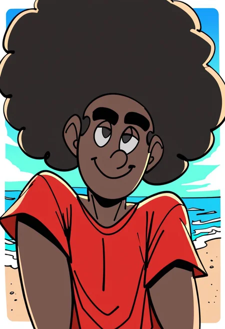 score_9, score_8_up, score_7_up, score_6_up, score_5_up, score_4_up, Wappah \(Artist\), @Wappah01,1boy, 1 mature male, Wappah Wilson \(Wappah\), dark skin, dark skinned male, black eyes, afro, short hair, thick eyebrows, red shirt, smile, background: beach with crashing waves