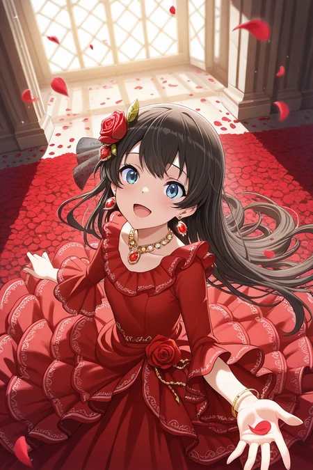 masterpiece, best quality, amazing quality,
 <lora:Hikari_IL:1> hikari, 1girl, dress, red dress, solo, flower, hair ornament, hair flower, long hair, petals, jewelry, earrings, smile, open mouth, rose, blue eyes