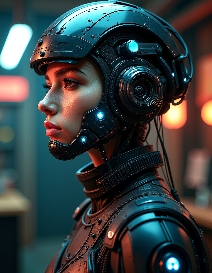 biopunk biomechanical person, realistic human skin, background a  techno-anarchist safehouse  . With futuristic bioluminescent accents, with an emphasis on the blurring of lines between living tissue and artificial constructs. A biological engineering aesthetic with a focus on symbiotic relationships between organic and synthetic elements.  <lora:flux_trainer/moxiePunk_v3>, <lora:flux/Realism 2.safetensors:1.0>,