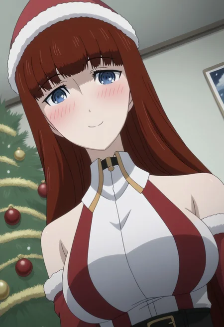 rating_safe, Ultra-high-detailed Anime illustration of Kagari Shiina from Anime Steins;Gate 0. The artwork features Kagari in a solo, face focus, upper body, standing position with a intdoors, indoors, living room with Christmas atmosphere. Gorgeous Christmas tree in background. Night Time..
She is depicted with intricate details showcasing her large breasts, natural_breasts. She is a white skinned, 22 years old woman. Kagari is looking_at_viewer with perfect_eyes, Her pupils are highly detailed. The eyes are open. blue eyes. Kagari's eyes are highlighted. Highlighted eyevrows.
She has long hair, red colored hair, styled in blunt bangs and floating hair.
She is wearing a black choker and a Santa dress, strapless crop top, sleevless crop top with bare shoulders.
She is wearing a Santa Hat and red skirt, red pencil skirt with black belt.
The artistic style is intricate_details_xl with a focus on Anime art. The color palette emphasizes red and black with detailed strokes to bring out the character's features. The lighting creates dramatic shadows and highlights, adding depth to the artwork. The perspective is from a face focus, dutch angle to enhance the impact of the character's expression. This masterpiece is a true portrayal of Kagari's complex personality and will captivate any fan of Kagari. uncensored, upper body, blushing, smile, Kagari Shiina, perfecteyes
<lora:Steins_Gate:1>