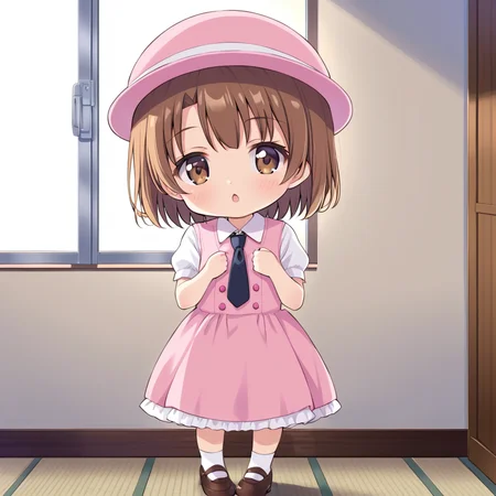indoors,  <lora:Amatsuka_Sakura_IS:1> amatsukasakura, 1girl, solo, brown hair, short hair, brown eyes, necktie, pink headwear, pink hat, pink dress, white vest, necktie, dress, short sleeves, shoes, brown footwear, mary janes, child, chibi