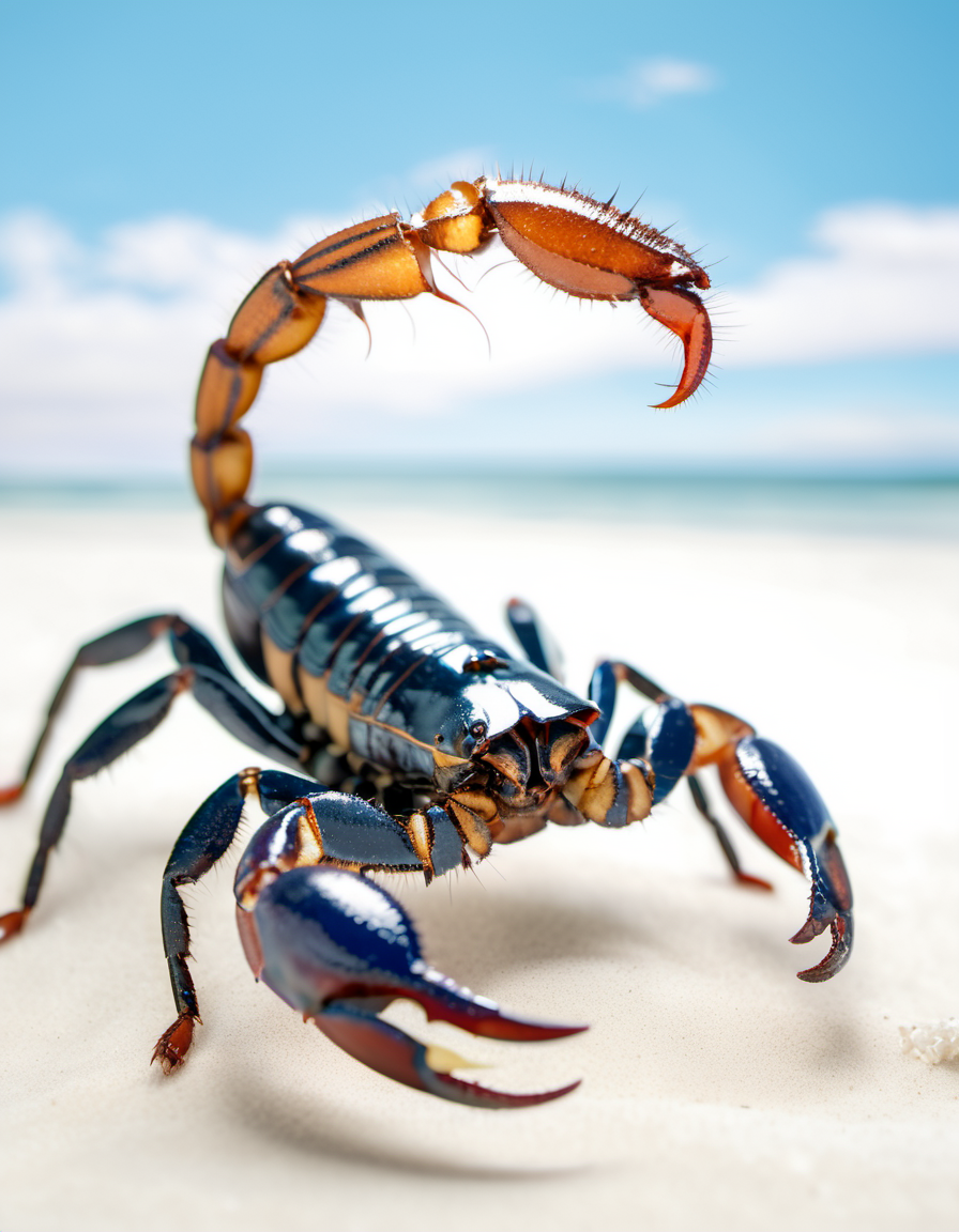 (Realistic:1.5) EdobScorpion, scarf, helmet, animal focus, retro artstyle, crab, space, blue sky, white background, beach, extra arms, mecha, <lora:EdobScorpionPhotoReal_XL_v1.0:0.8>