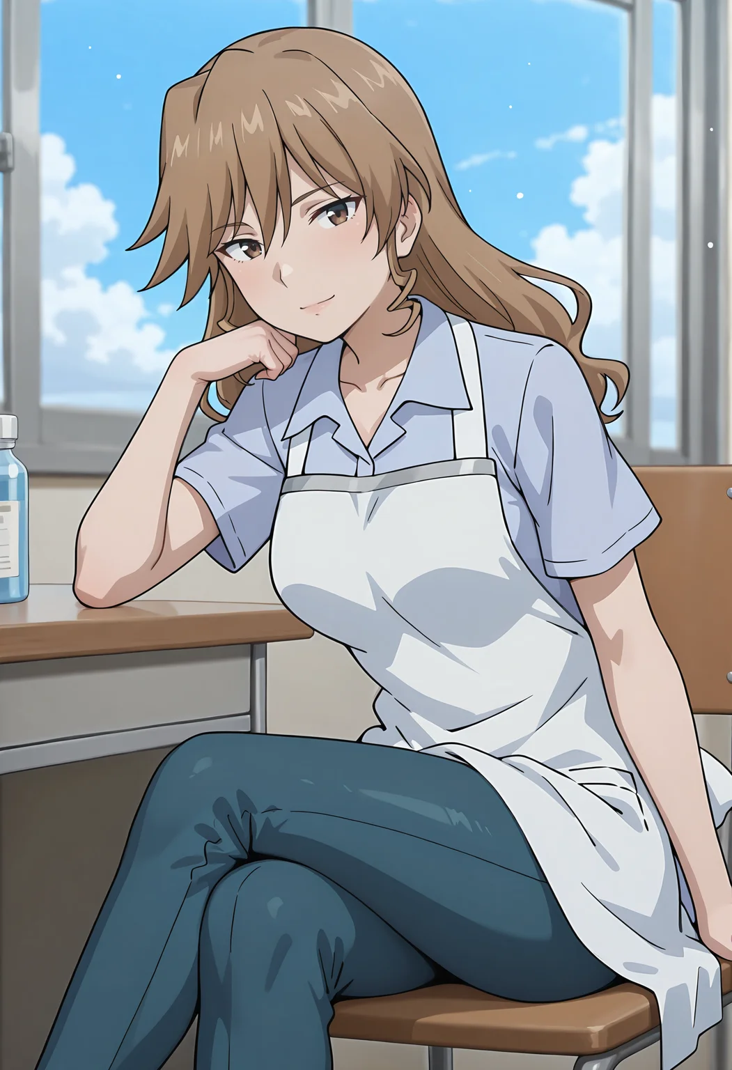 best quality, amazing quality, perfect quality, high quality, masterpiece, absolutely eye-catching BREAK
<lora:Ika_Musume_-_Ruka_Shirosugi:1> IkaRuka, brown eyes, brown hair, long hair, drill sidelocks, wispy bangs, medium breasts BREAK
light blue shirt, collared shirt, short sleeves, white apron, blue pants BREAK
indoors, infirmary, window, blue sky, table, light particles BREAK
1girl, solo, sitting, on chair, legs crossed, arm rest, light smile, looking at viewer