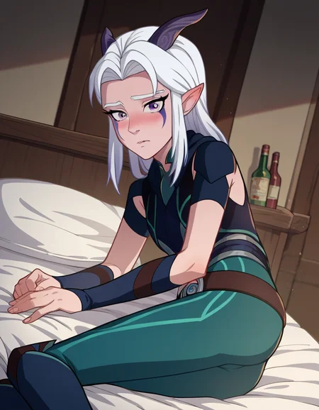 score_9, score_8_up, score_7_up, source_anime,
rayla, <lora:the-dragon-prince-rayla-ponyxl-lora-nochekaiser:1>,
rayla, long hair, white hair, horns, pointy ears, purple eyes,
boots, belt, bodysuit,
indoors, bed, bed room, on side, blush, drunk,
looking at viewer, dutch angle, cowboy shot,
