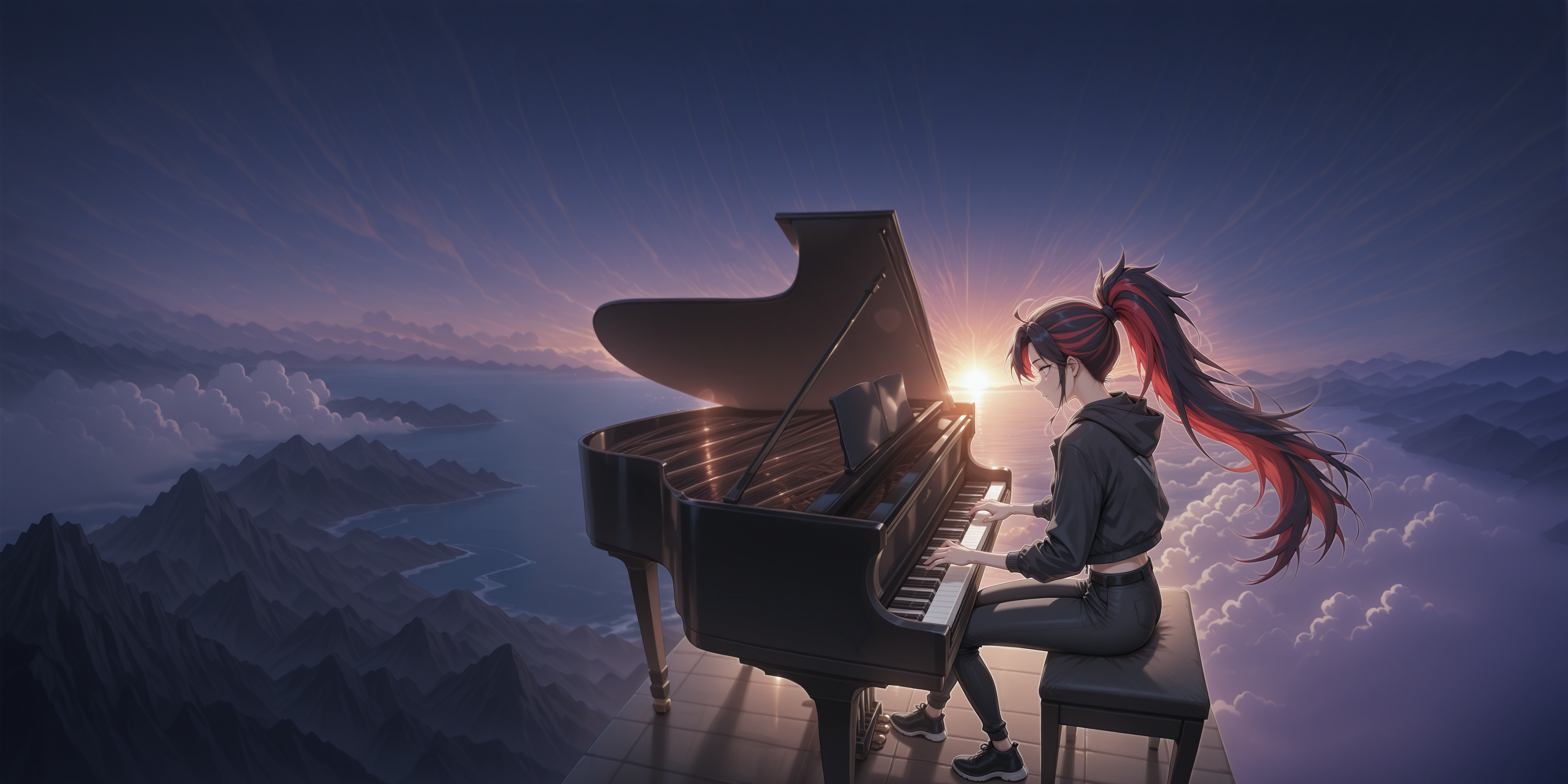 1girl, red eyes, black jacket, black pants, red hair, multicolor hair, striped hair, ponytail, wind, very long hair, sitting, playing piano, (piano bench), grand piano, side view, llv2-illu, <lora:standing_on_the_edge:0.7> 5t4nd1ng_0n_3dg3, flowers, (glowing clouds), from above, scenary, mountains, wide angle, ocean, orange sky, cinematic lighting, detailed background, sunshine, gradient sky,