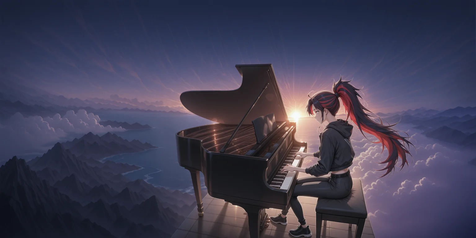 1girl, red eyes, black jacket, black pants, red hair, multicolor hair, striped hair, ponytail, wind, very long hair, sitting, playing piano, (piano bench), grand piano, side view, llv2-illu, <lora:standing_on_the_edge:0.7> 5t4nd1ng_0n_3dg3, flowers, (glowing clouds), from above, scenary, mountains, wide angle, ocean, orange sky, cinematic lighting, detailed background, sunshine, gradient sky,