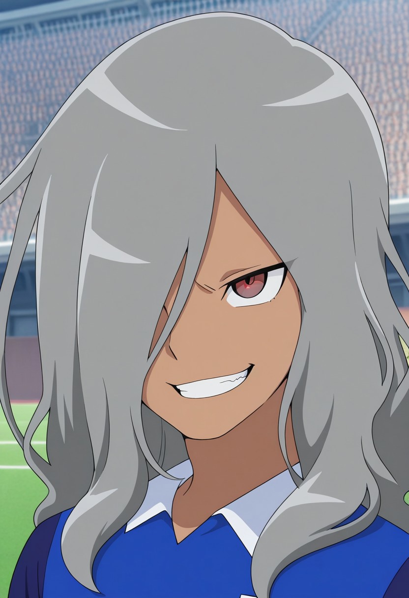 masterpiece,best quality,amazing quality, source_anime,
HaizakiRyouhei, 1boy, male focus, solo, dark skin, dark-skinned male, red eyes, grey hair, long hair, hair over one eye, orion soccer uniform, shirt, blue shirt, popped collar, raglan sleeves, portrait, grin,
outdoor,