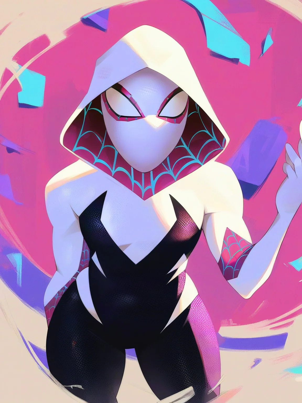<lora:Gwen_StacyV2:0.7>, g_s, 1girl, torn superhero suit, mask, hood, plump body, score_9, score_8_up, score_7_up,