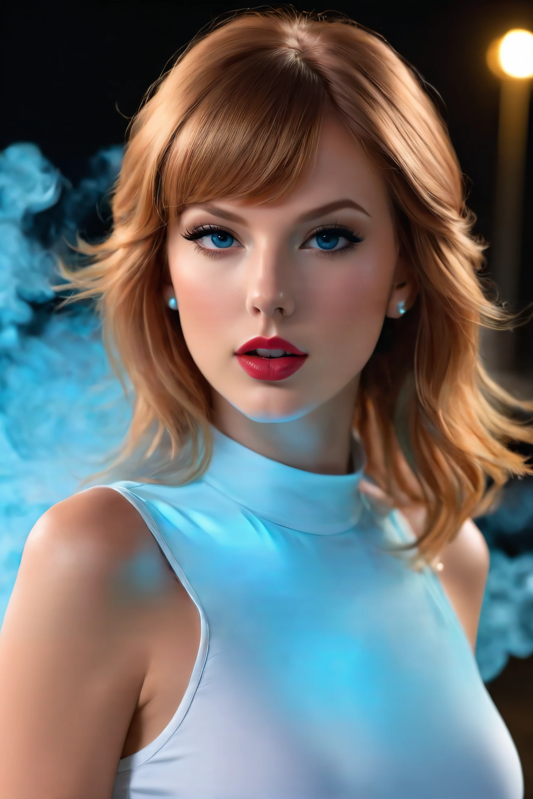 colorful smoke <lora:colorful_03_colorful_smoke:1.0>,
basety style, (dreamlikeart, redshift style, analog style:1.1), (copeseethemald style:0.5), (thepit bimbo, glossy), sexy, bimbo, 1girl, solo, ([Audra( :0)Miller|Taylor( :0)Swift]:0.9), closeup, extreme closeup, Taylor( :0)Swift, looking at viewer, symmetric, centered, pantsuit, business suit, elegant suit, white crop top shirt, shinny skin, oily skin, subsurface skin scattering, shiny skin, choker, earrings, eyelashes, eyeshadow, lips, lipstick, jewelry, makeup, nose, parted lips, navel, beautiful detailed blue eyes, redhead, realistic, photo-realistic, well-lit face, glowing face, face focus, see-through, (night:1.2), dark, scary, dark city, alley, chased, danger, worried, afraid, stressed, building, street lights, detailed background, [(dust particle paint explosion:1.2)::0.11], (secret:0.8),,
amazing, beautiful, breathtaking, astonishing, brilliant,