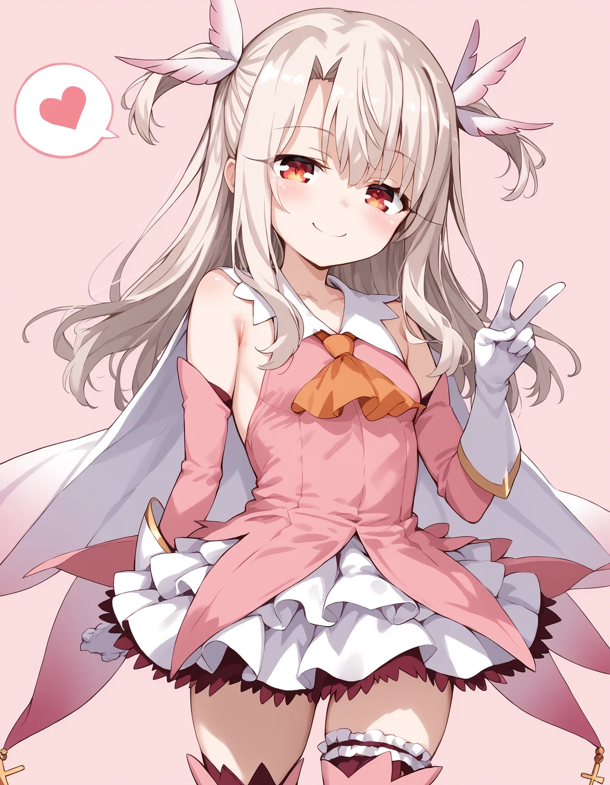 score_9,
1girl,
solo,
aaillya,
fate/kaleid liner prisma illya,
illyasviel von einzbern,
red eyes,
eyelashes,
blonde hair,
long hair,
curtained bangs,
sidelocks,
two side up,
hair ornament,
small breasts,
magical girl,
collarbone,
orange ascot,
pink shirt,
bare shoulders,
sleeveless,
detached sleeves,
white gloves,
cape,
white skirt,
miniskirt,
bridal garter,
pink thighhighs,
thigh boots,
cowboy shot,
v,
hand up,
looking at viewer,
blush,
smile,
half-closed eyes,
heart,
spoken heart,
simple background,
pink background,
heart background
<lora:illyasviel_von_einzbern_ponyxl_v1:0.9>