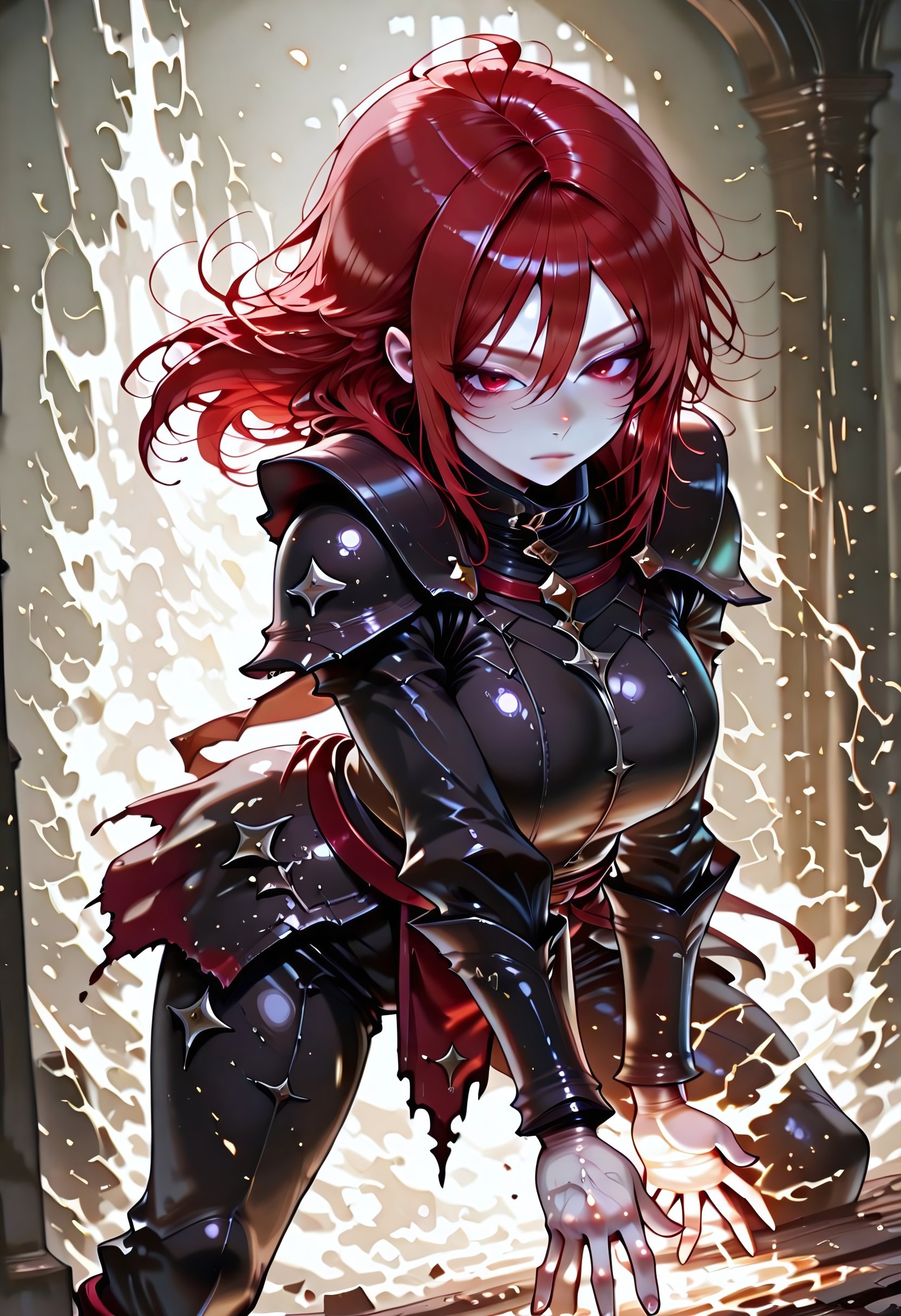 masterpiece, best quality, highres, absurdres, amazing quality, high resolution, 
Red Eyes, Red Hair, pale skin, Black Medieval Armor, leather straps
white fire, 1girl, solo
<lora:scorching_ray_magic:1> scorching_ray_(/magic/), solo, white flame, white glowing hands, dynamic_pose, fighting stance,