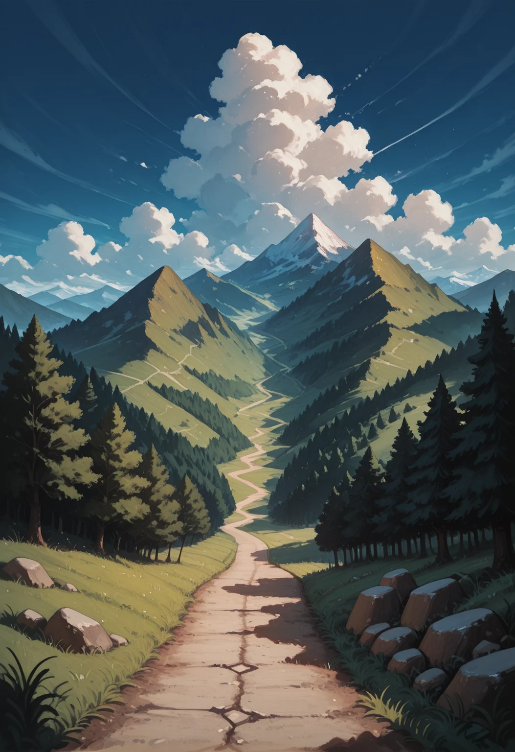 masterwork, masterpiece, best quality, dynamic lighting , dynamic pose, depth of field, ,
(lineless:1.5)  ,<lora:B-mixxxlora:1.5>
outdoors, scenery, cloud, tree, mountain, sky, grass, , nature, , path, day, blue sky, rock, road, from behind, landscape, , cumulonimbus cloud, forest,  cloudy sky, mountainous horizon, no humans,