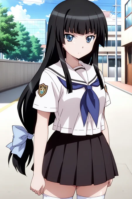 anime screenshot, ben-tou, 1girl, solo, shiraume ume, black hair, long hair, hime cut, blunt bangs, low-tied long hair, blue eyes, medium breasts, school uniform, serafuku, white shirt, short sleeves, white sailor collar, black skirt, pleated skirt, blue neckerchief, white thighhighs, looking at viewer, cowboy shot, outdoors, masterpiece, best quality, high quality, highres, absurdres, <lora:shiraume_ume_ILXL:0.9>