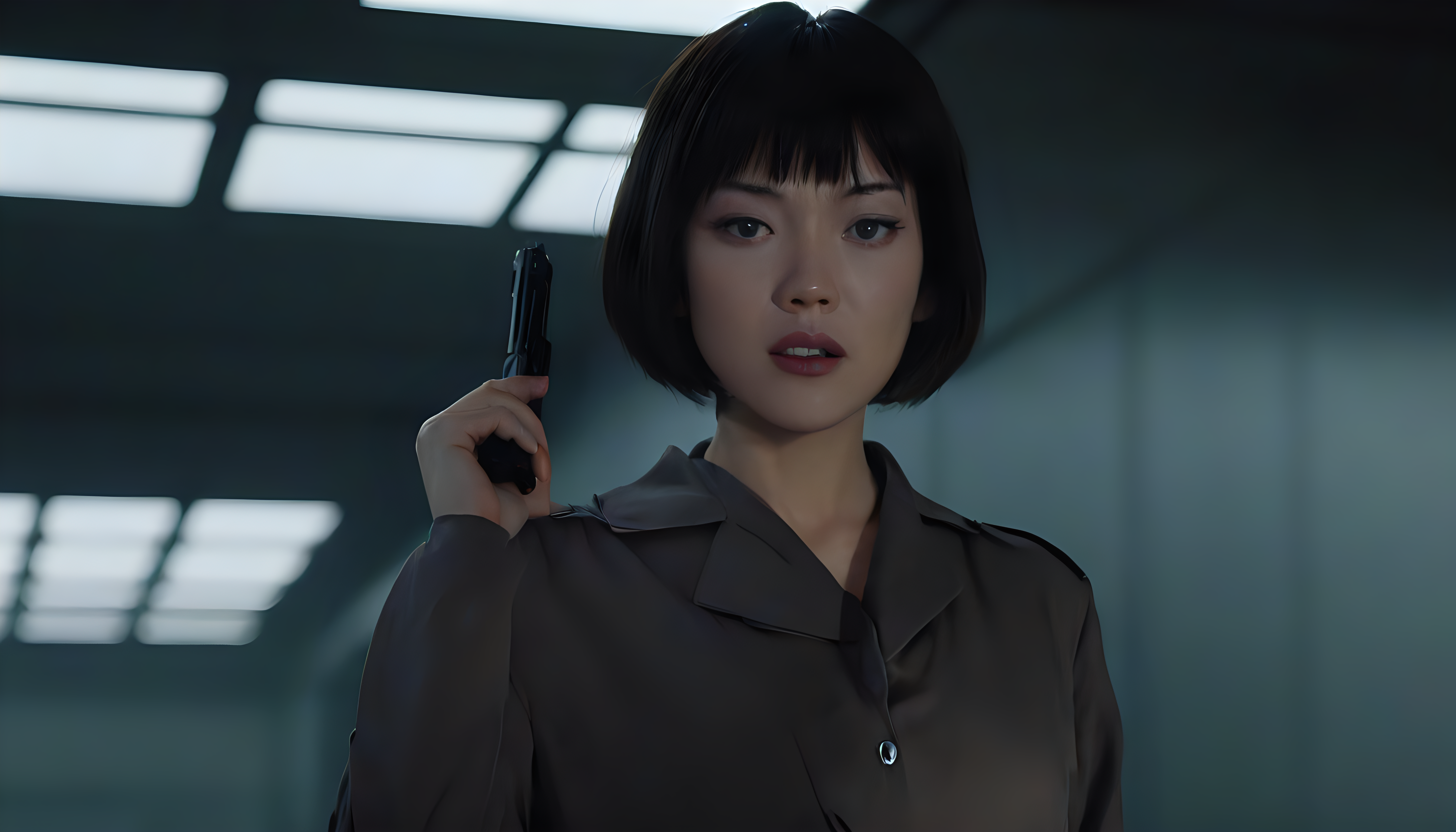 Motoko Kusanagi in Blade Runner 1982, neo noir, cyberpunk, cinema still medium shot 8k, wearing school uniform