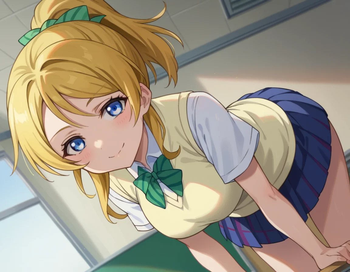 score_9, score_8_up, score_7_up, source_anime,
eliayase, <lora:eli-ayase-s1-ponyxl-lora-nochekaiser:1>,
eli ayase, yellow hair, blue eyes, ponytail, hair ribbon,
otonokizaka school uniform, pleated skirt, school uniform, short sleeves, skirt, summer uniform, sweater vest, yellow sweater vest,
indoors, classroom, smile, bent over,
looking at viewer, cowboy shot, dutch angle,