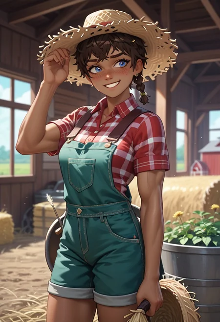 score_9, score_8_up, score_7_up, score_6_up,
m1nt,
brown hair, very short hair, braid, freckles, dark skin, dark-skinned female, blue eyes, tomboy,
straw hat, farm outfit, green overalls, green shorts, plaid shirt, short sleeves, toned body, 
working, farm, smiling,