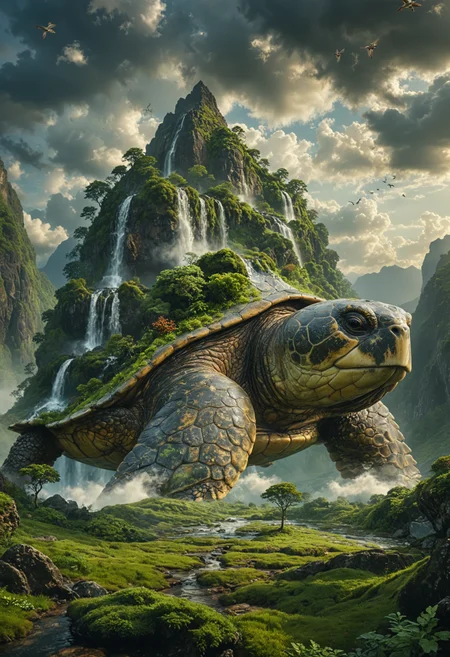 A majestic and colossal turtle that is part of the landscape, with a mountain integrated into its shell, Waterfalls cascade down from the mountain peaks, lush greenery covering the turtle's back, the turtle's head and limbs are made of rocky textures, adorned with patches of moss and vegetation, set against a backdrop of dramatic clouds and sky, birds soaring around the towering figure, atmosphere is serene and mystical, sense of ancient and natural magic, <lora:MJ52:0.4>, <lora:xl_more_art-full_v1:0.4>