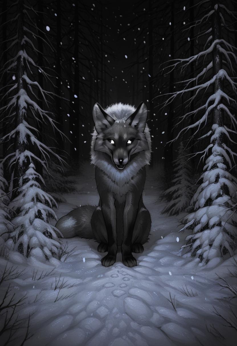 Graphic Design, greyscale, monochrome, intricate details, high contrast, detailed background, beautiful detailed, beautiful face, detailed eyes, detailed face, new, z41ch1k, animal focus, fox, sitting, glowing eyes, no humans, scenery, very aesthetic, forest, night, winter, snow, snowing, building, (masterpiece, best quality, newest, recent, absurdres), 