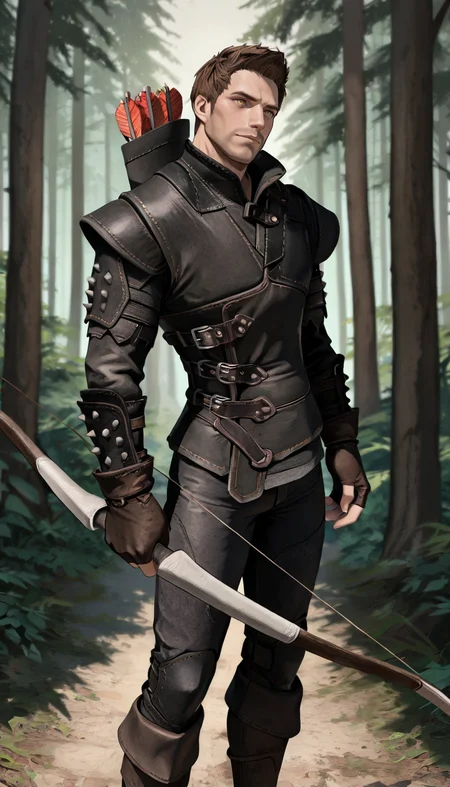 masterpiece, best quality, newest, perfect quality, best quality, detailed background, intricate details, male focus, solo, <lora:Skyrim Romance Mod - Bishop - Illustrious 2-000007:0.7>, srm_bishop, 1boy, mature male, brown hair, very short hair, yellow eyes, stubble, leather armor, fingerless gloves, pants, boots, forest, holding bow (weapon), quiver