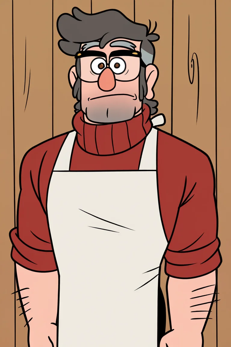 masterpiece, best quality, highres, extremely aesthetic, toon \(style\), stanford pines, 1boy, solo, male focus, mature male, muscular male, old man, short hair, grey hair, two-tone hair, brown eyes, thick eyebrows, glasses, black-framed eyewear, facial hair, stubble, long sideburns, looking at viewer, white apron, red turtleneck sweater, sleeves rolled up, sparse arm hair, arm hair, black pants, standing, cowboy shot, indoors, wooden wall <lora:Stanford (Ford) Pines - Gravity Falls v1.0 MIX [LoRA] - NoobAI-XL EPS 1.0:0.8>
