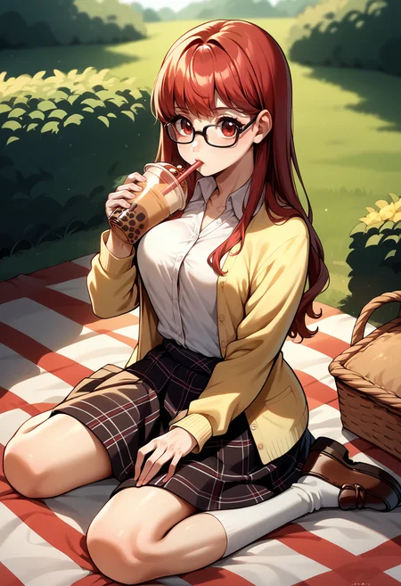 score_9, score_8_up, score_7_up, source_anime, 1girl, kneeling, drinking straw, holding bubble tea, BREAK <lora:KasumiP5-pdxl:0.9> sumSumi, long hair, hair down, glasses, red hair, yellow cardigan, unbuttoned, medium breasts, long sleeves, dress shirt, collared shirt, plaid skirt, socks, brown loafers, outdoors, picnic basket