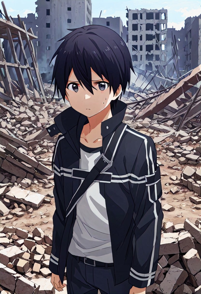 high resolution, solo, best quality, 1Boy, Kazuto Kirigaya, Black Hair, Black Eyes, War zone, rubble, survival, despair,