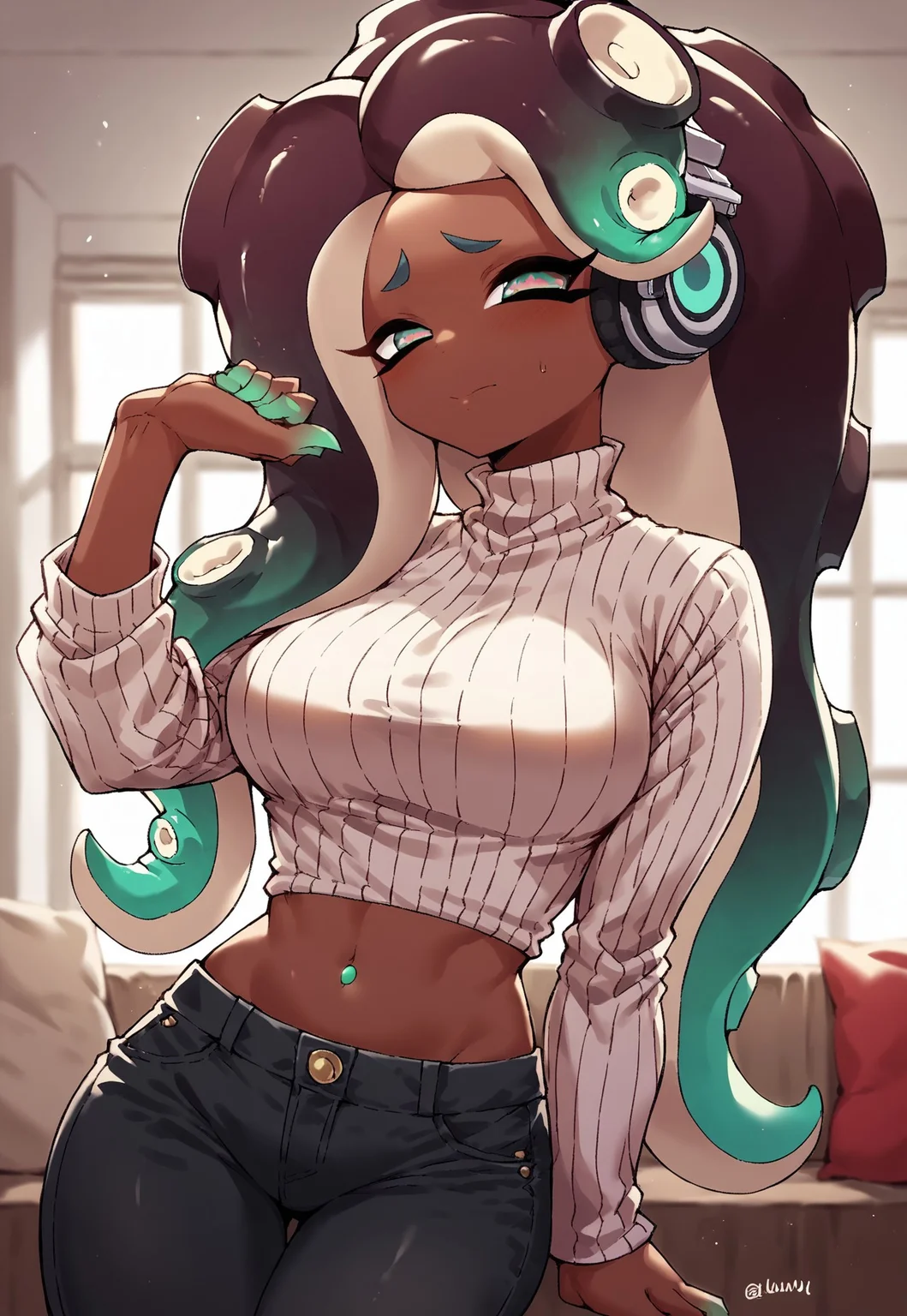 safe_pos, score_9, score_8_up, score_7_up, nobunagapero,
marina_(splatoon), 1 girl, breasts, white crop top sweater, black jeans, brownskin, medium breasts, looking at viewer, solo, indoors, cowboy shot