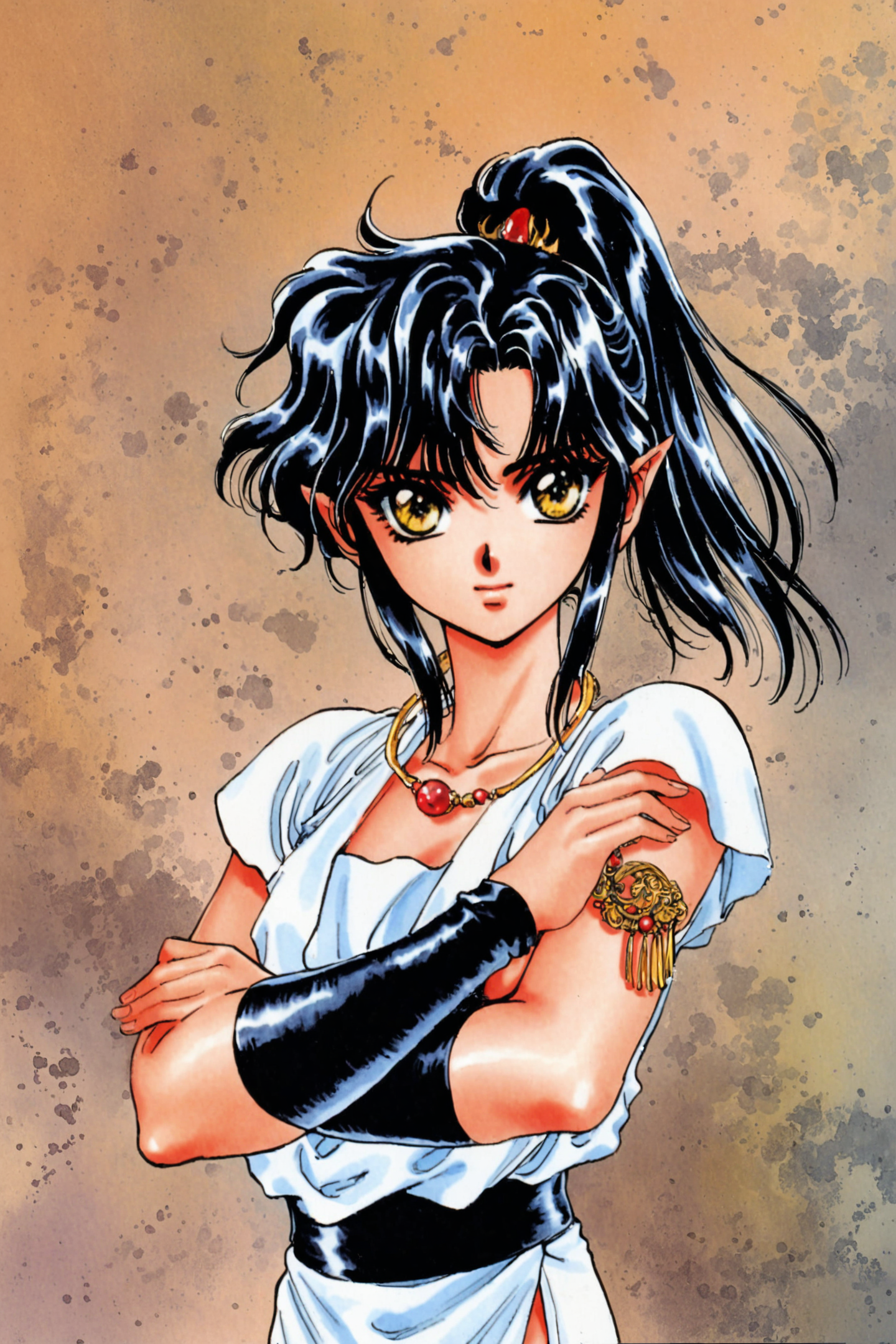 Asura,solo,1girl,black hair,jewelry,crossed arms,pointy ears,long hair,yellow eyes,retro artstyle,ponytail,traditional media,<lora:RG Veda_XL:0.8>,