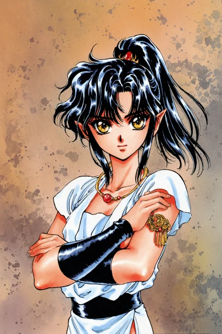 Asura,solo,1girl,black hair,jewelry,crossed arms,pointy ears,long hair,yellow eyes,retro artstyle,ponytail,traditional media,<lora:RG Veda_XL:0.8>,
