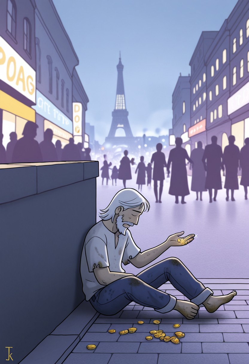 Jfk_style, detailed, vibrant colors, 1man, old, white hair, detailed expression, coins in hand, begging for money, sitting on sidewalk, tattered shirt, tattered denim, leaning on wall, Paris city, vehicles, fog, modern, animal aside man, a dog sitting next to him,  poorly clothed,  modern city, bokeh crowd, dirty, white brushy beard, lonely,  tattered clothes, beggar, open hand
