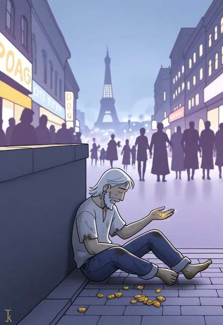 Jfk_style, detailed, vibrant colors, 1man, old, white hair, detailed expression, coins in hand, begging for money, sitting on sidewalk, tattered shirt, tattered denim, leaning on wall, Paris city, vehicles, fog, modern, animal aside man, a dog sitting next to him,  poorly clothed,  modern city, bokeh crowd, dirty, white brushy beard, lonely,  tattered clothes, beggar, open hand