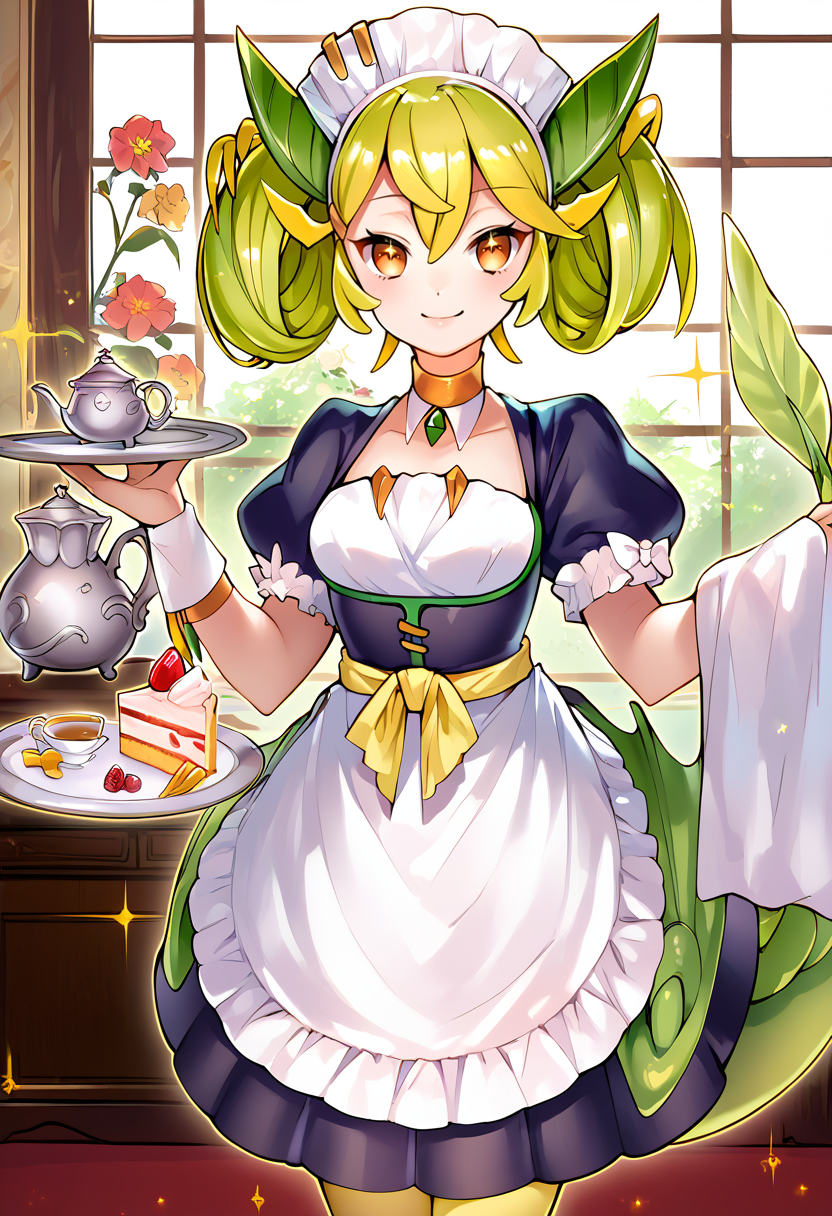 (score_9:0.9),score_8_up,score_7_up,anime style,rating_safe,(zPDXL),<lora:parlor dragonmaid ponyXL v2:0.8>,wrist cuffs,parlor dragonmaid,maid costume,detached collar,yellow thigh boots,1girl,solo,food,teapot,indoors,tray,holding,looking at viewer,plate,window,smile,holding tray,teacup,cup,table,flower,standing,tea,sparkle,cake,green wings, holding teapot,