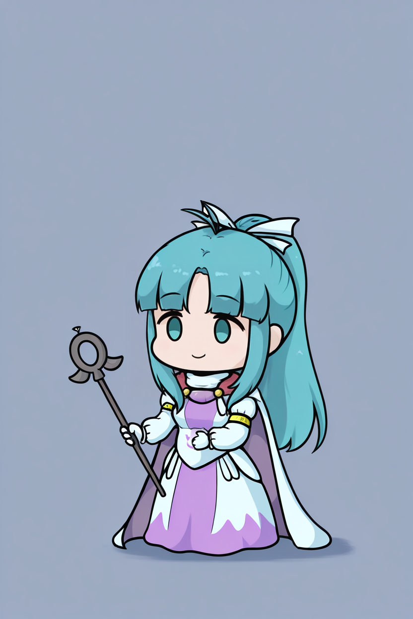 masterpiece, best quality, 1girl, solo, phdpigeon, chibi, <lora:gsmia-illu-nvwls-v1-000005:1> m1a, aqua hair, parted bang, high ponytail, long hair, antenna hair, sidelocks, aqua eyes, hair ribbon, cape, two-tone dress, white and purple dress, long sleeves, long dress, white gloves, holding staff, simple background, smile