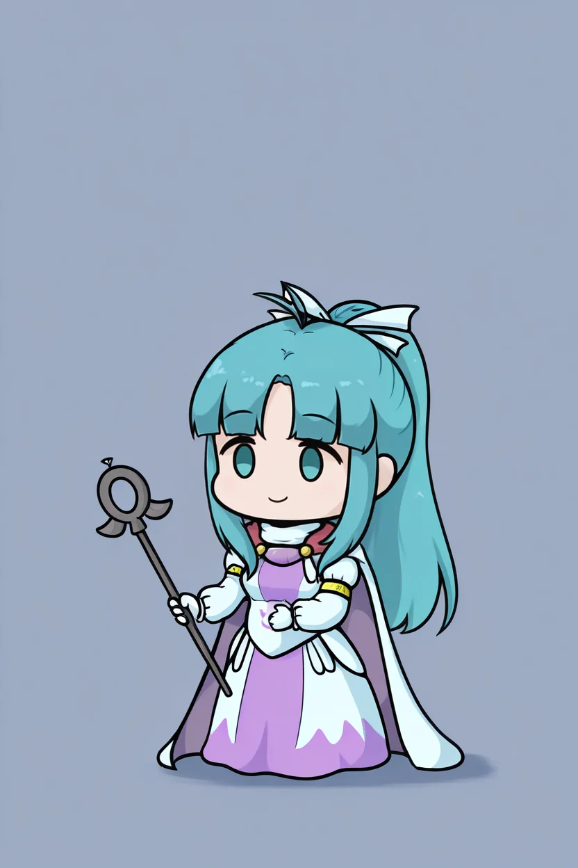 masterpiece, best quality, 1girl, solo, phdpigeon, chibi, <lora:gsmia-illu-nvwls-v1-000005:1> m1a, aqua hair, parted bang, high ponytail, long hair, antenna hair, sidelocks, aqua eyes, hair ribbon, cape, two-tone dress, white and purple dress, long sleeves, long dress, white gloves, holding staff, simple background, smile