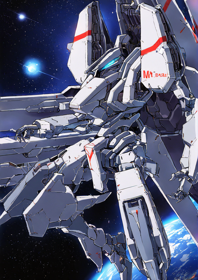 mecha,science fiction,no humans,glowing,retro artstyle,space,star \(sky\),planet,earth \(planet\),space craft,starry sky,weapon,milky way,masterpiece, best quality, very aesthetic, absurdres,,  <lora:sidonia morito-NAI:0.8>