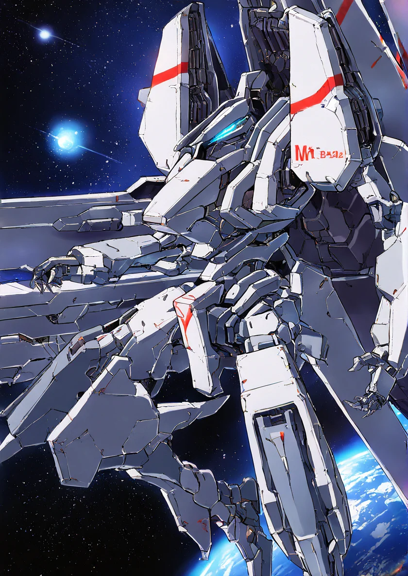 mecha,science fiction,no humans,glowing,retro artstyle,space,star \(sky\),planet,earth \(planet\),space craft,starry sky,weapon,milky way,masterpiece, best quality, very aesthetic, absurdres,, <lora:sidonia morito-NAI:0.8>