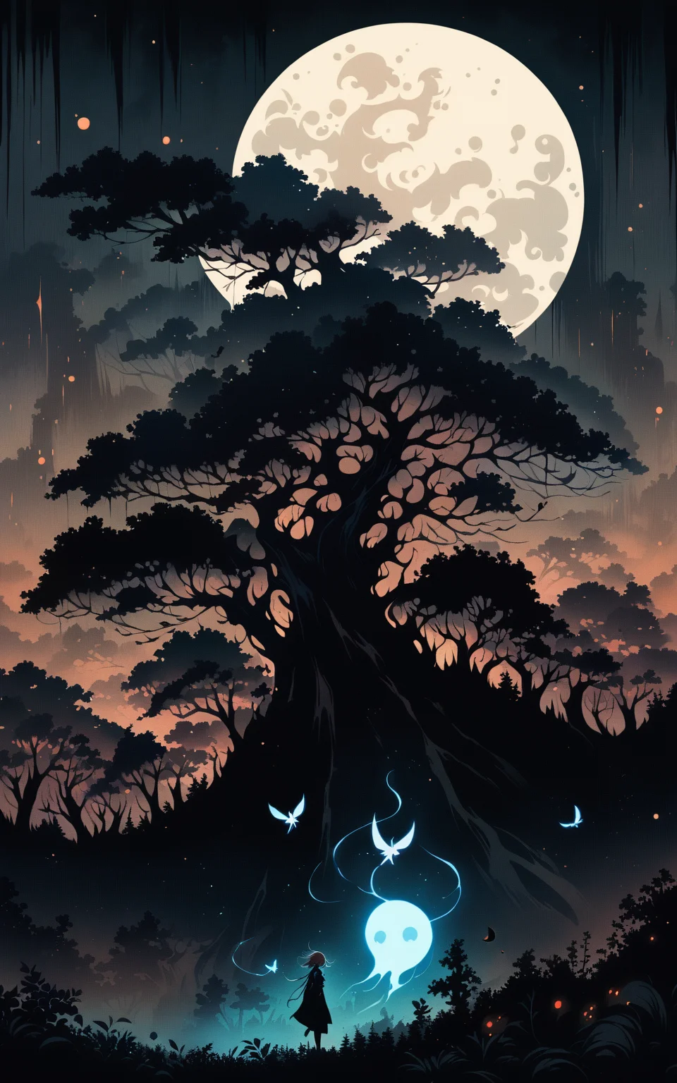 best quality,will-o'-the-wisp,solitude,linquivera,moonlit,at a distance,aged black red paper,uhd,willowy,long exposure,lonely,masterpiece,tall trees,anime,overalldetail,brown tones,moonlight,willows,extremely detailed,surreal,ink illustration,inkpunk,windy