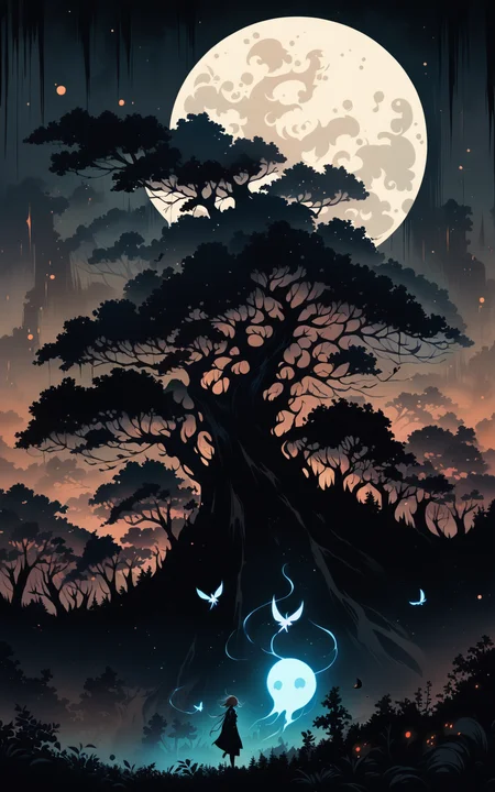 best quality,will-o'-the-wisp,solitude,linquivera,moonlit,at a distance,aged black red paper,uhd,willowy,long exposure,lonely,masterpiece,tall trees,anime,overalldetail,brown tones,moonlight,willows,extremely detailed,surreal,ink illustration,inkpunk,windy