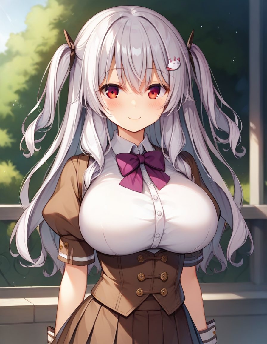 score_9,score_8_up,score_7_up,score_6_up BREAK official art,solo,outdoors,upper body,(portrait:1.5),looking at viewer,facing viewer,smile,blush,Himegishi Neneko,long hair,white hair,wavy hair,two side up,hairclip,rabbit hair ornament,sidelocks,hair between eyes,bangs,red eyes,school uniform,purple bowtie,brown vest,white shirt,collared shirt,puffy short sleeves,large breasts,underbust,framed breasts,impossible clothes,skindentation,corset,miniskirt,brown skirt,pleated skirt,frilled skirt,zettai ryouiki,white thighhighs,loafers,<lora:Himegishi Neneko(n jk l)-Pony:1.1>,