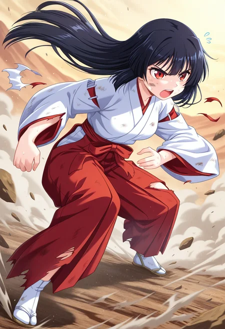 masterpiece, best quality, amazing quality, absurdres, 1girl, solo, youkoww, red eyes, black hair, long hair, medium breasts, miko, white kimono, long sleeves, red hakama, hakama skirt, tabi, <lora:Sakaki_Youko_Doki_Doki_Rooming_ill:0.8>, (fighting stance, dynamic action pose:1.3), (intense movement, mid-action, leaping:1.2), (outdoors, battlefield, rugged terrain, fantasy), (dust clouds, debris, flying particles), (dirty, smeared dirt, dirty face, dirty clothes, torn clothes), serious, open mouth, teeth, upper teeth only, (sweat, flying sweatdrops), dynamic perspective, cinematic angle, skindentation, detailed clothing folds, depth of field, sharp, high contrast, dynamic light