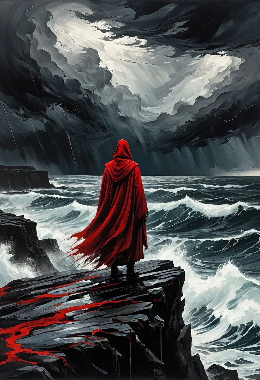 A red-robed figure stands on a jagged cliff, staring into a storm-tossed sea — the sky swirling with brush-painted symbols and streaks of violent vermilion, like godly wrath painted in oil.
, apocalyptic symbolism, expressionist chaos, stark black and white contrast, painterly texture, religious and mythic undertones, violent brushstrokes, surreal seascapes, graphic linework, stormy atmosphere, scratchy ink illustration, raw emotional energy, symbolic landscapes, environmental dread, gestural abstraction, surreal expressionism