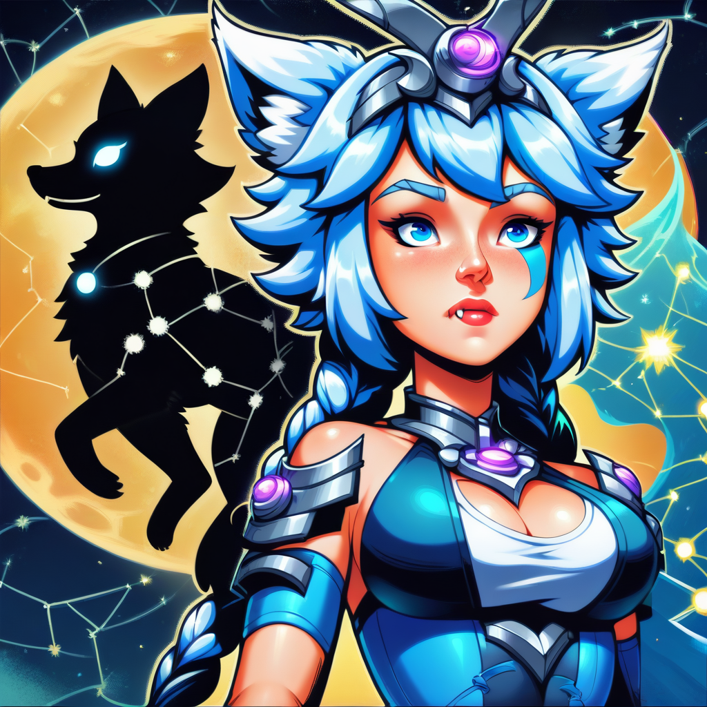 1girl, solo, tempestmagic, illustration of, human, star silhouette of ioxl holding a small pet fox, silhouette, blue, night sky, score_9, score_8_up, score_7_up, score_6_up, score_5_up, score_4_up, fantasy, holding fox, dim moonlight, <lora:Io-11PLDXL:0.8>, twin braids, fox tail, fox ears, constellation, chiaroscuro, lora:Tempest_Magic_-_XL_Grimoire:1>, outline, ethereal, transparent, glowing, girl holding a pet animal, cleavage, one-fang