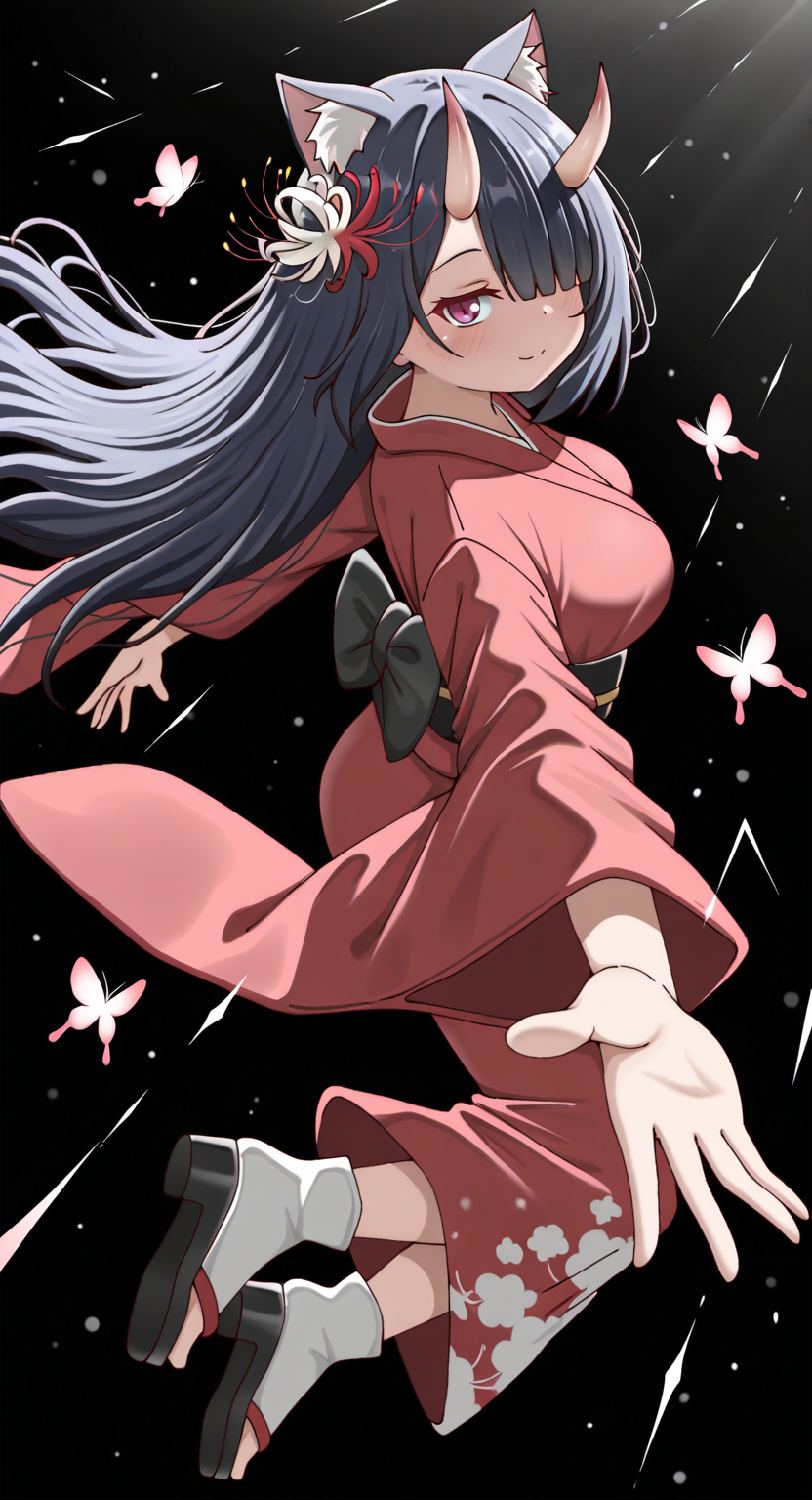 masterpiece, cute, lovely, newest, absurdres, (best quality:1.3), amazing quality, very aesthetic, 1girl, solo, high_resolution, hq, 4k, BREAK. high gradient eyes, very cute, light particles, cute details, cute colors, (Poa_Mellhen_Style), oni, oni horns, dark blue hair, straight hair, blunt bangs, pink eyes, slit pupils, (big breasts:0.7), naughty face, smug, BREAK, animal ears, portrait, cat ears, expressionless, floating hair, hair flower, japanese clothes, kimono, Butterfly, shoes, toeless footwear, yukata, looking at viewer, looking to the side, outstretched arms, outstretched hand, reaching, spread arms, flower, spider lily, solo, glitch, black background, from side, foreshortening, full body, closed mouth, digital dissolve, pixelated, one eye covered, reaching towards viewer, red flower, red kimono, white flower, white footwear, intricate details, vivid colors, smooth shading, dynamic lighting, professional illustration, soft gradients, balanced composition, elegant pose, high-resolution, sharp focus, 8k, hdr, crisp lines, perfect lighting, sharp eyes, detailed eyes, highly detailed
