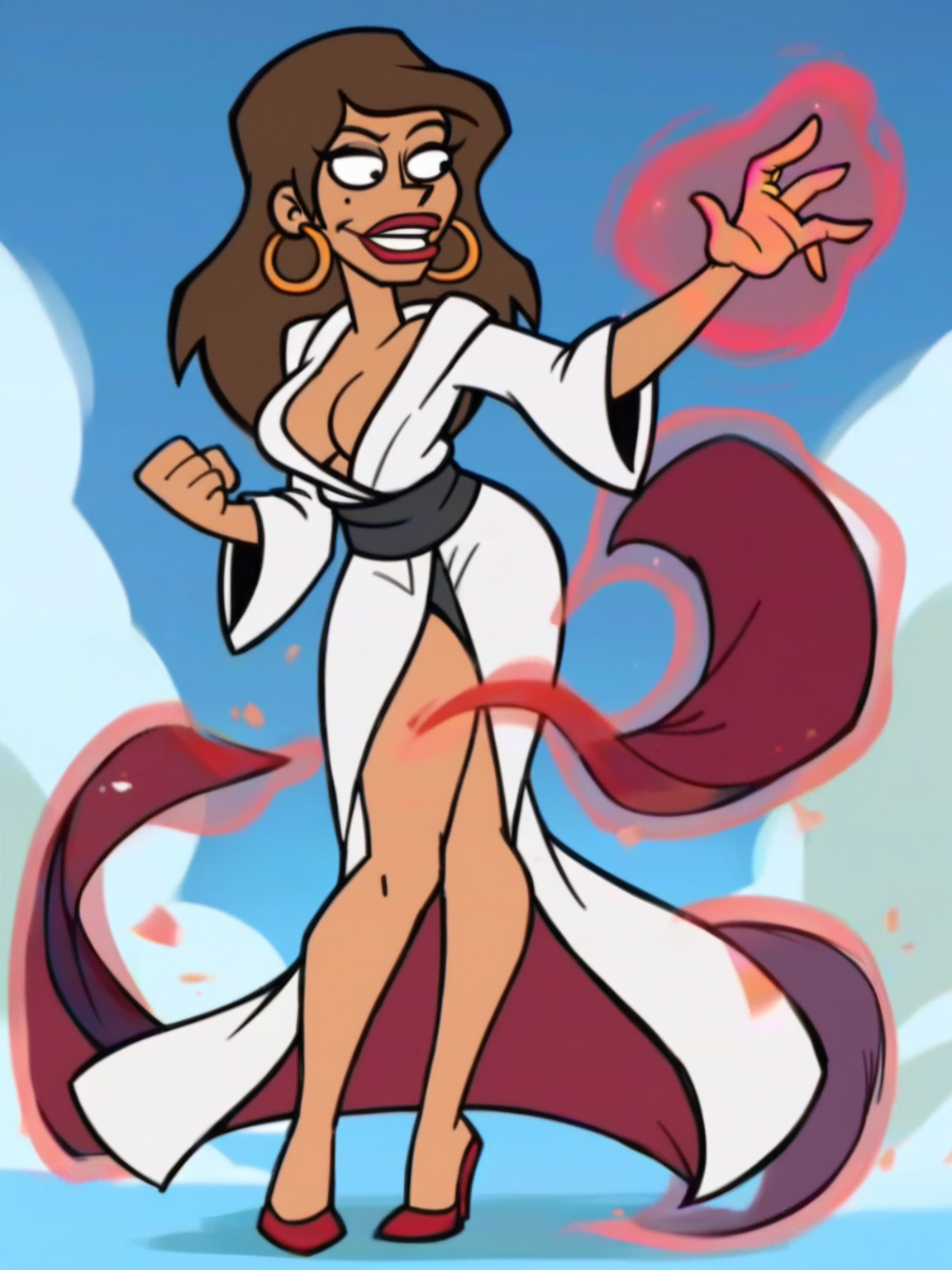 <lora:Barbs_Brado:0.7> b_b, 1girl, brown hair, pupils are black dots, red lips, mole near lips, ring earrings, robe, mage, magic, epic pose, full body, score_9, score_8_up, score_7_up,